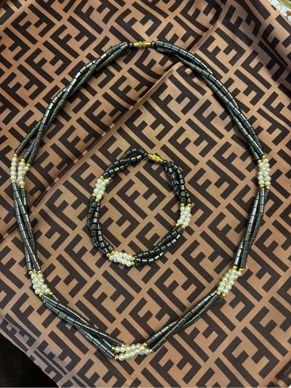 Black Hematite & Pearl Bead Necklace and Bracelet Set